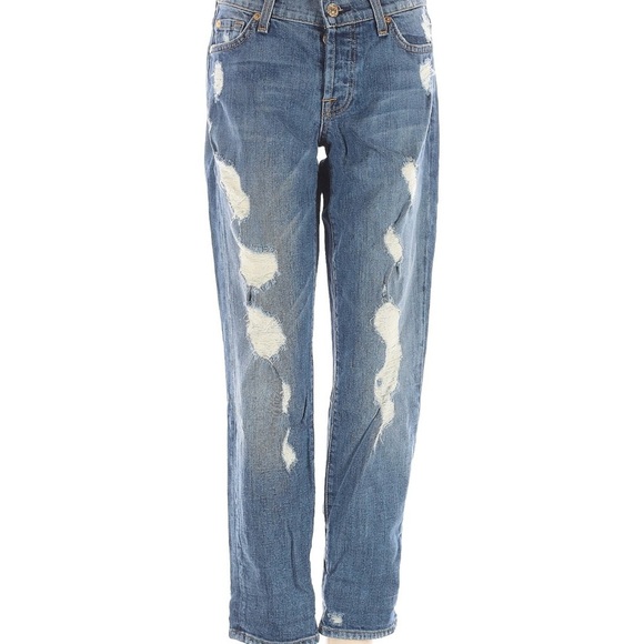 7 For All Mankind Blue Boyfriend Jeans Distressed Casual - Picture 1 of 5